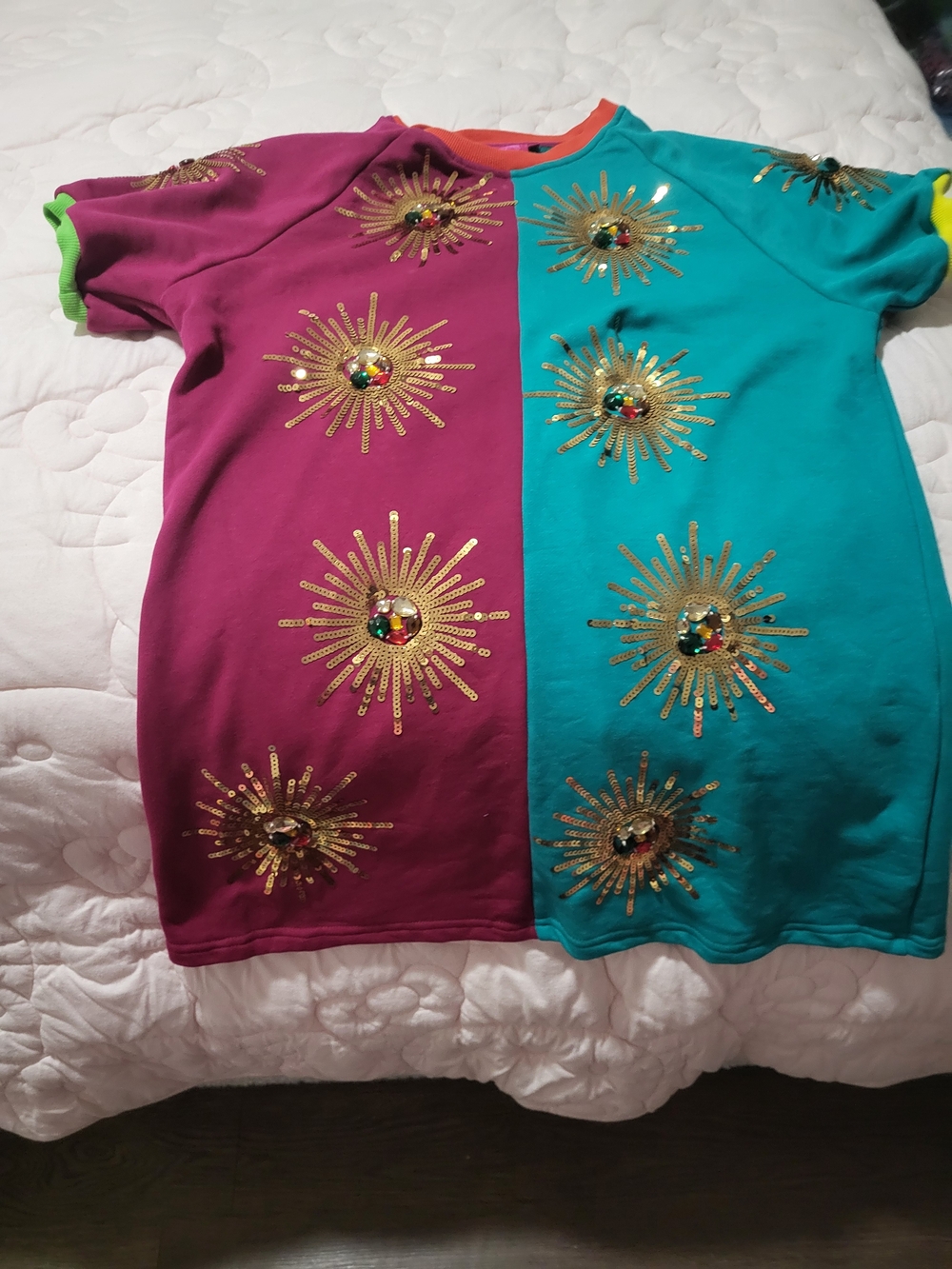 Queen Of Sparkles Colorblock Custom Sequin Sunburst Dress - Teal & Magenta